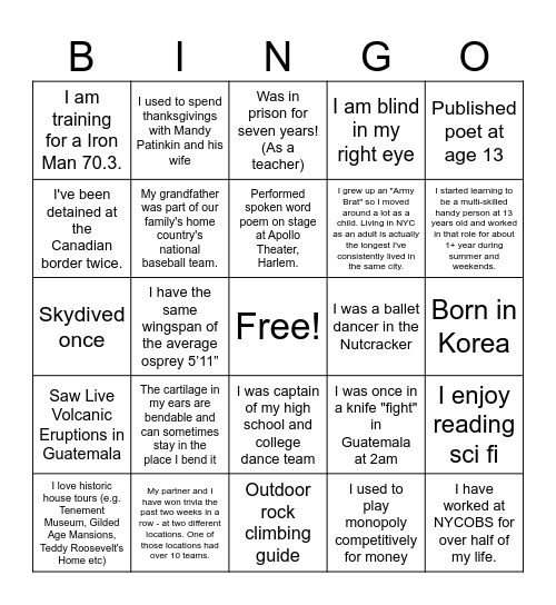 Humans of NYCOBS - 1 Bingo Card