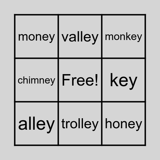 'ee' spelt as 'ey' Bingo Card