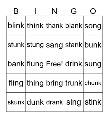 GLUED SOUNDS   -ng, -nk Bingo Card