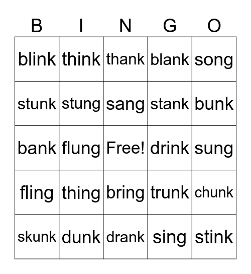 GLUED SOUNDS   -ng, -nk Bingo Card