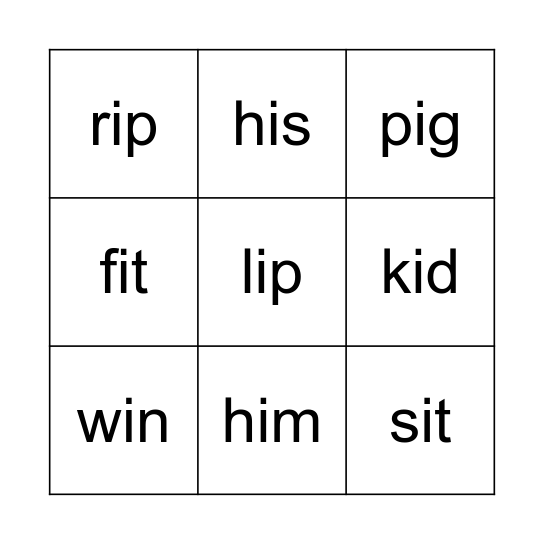 Short I Bingo Card