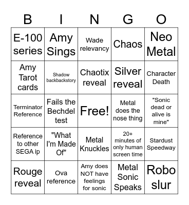 Sonic Movie 4 Bingo Card