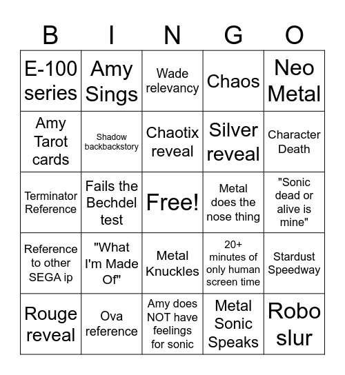 Sonic Movie 4 Bingo Card