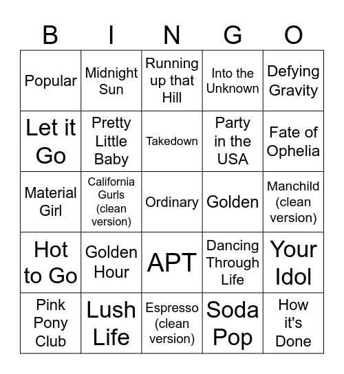 Song Bingo Card