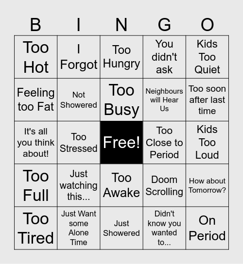 Dead Bedroom Bingo Card