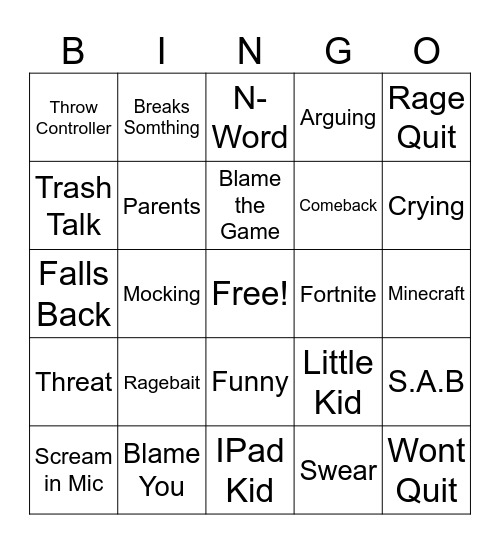 Rage BIngo Card