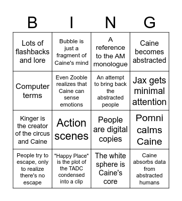 TADC 8 episode Bingo Card
