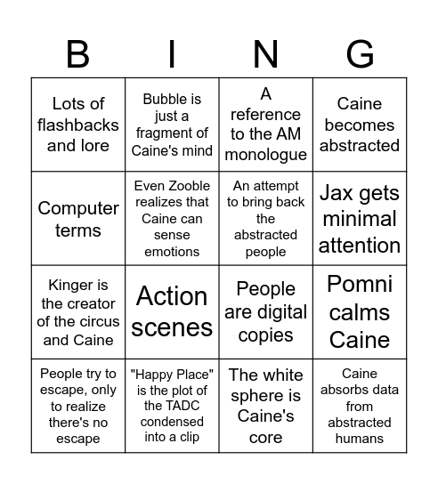 TADC 8 episode Bingo Card