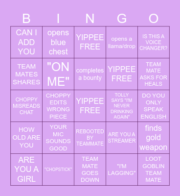 CHOPSTIX STREAMING BINGO Card