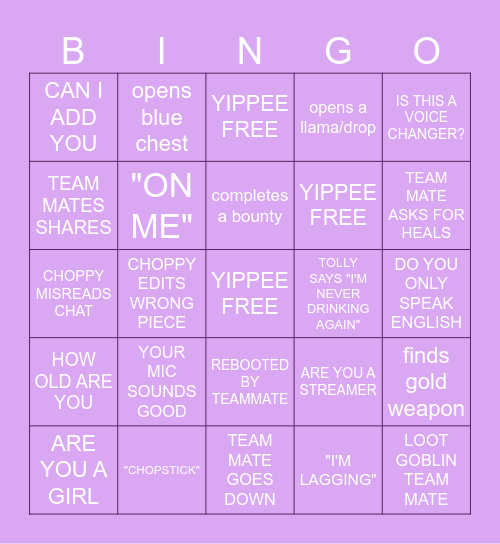 CHOPSTIX STREAMING BINGO Card