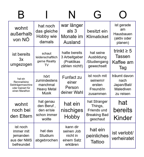 Klassentreffen 2026 Bingo Card