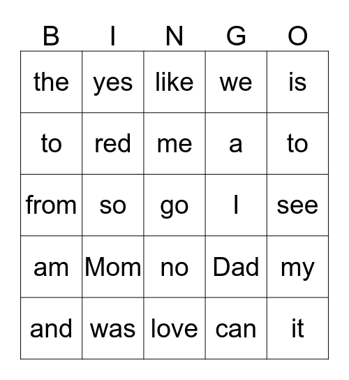 Sight Words 2 Bingo Card