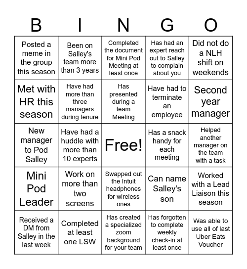 Pod Salley Bingo Card