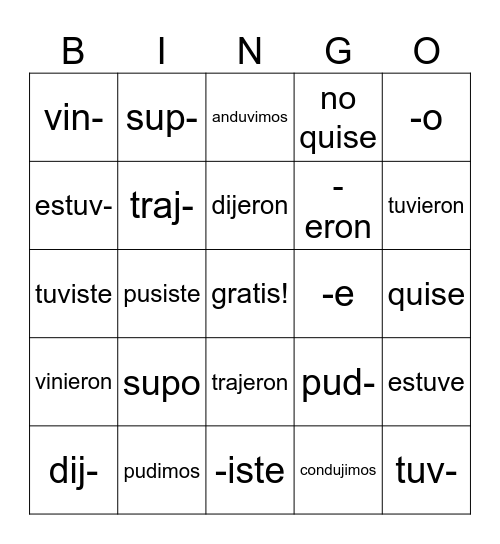 Esp. 2 Unidad 4 El pretérito irregular Bingo Card