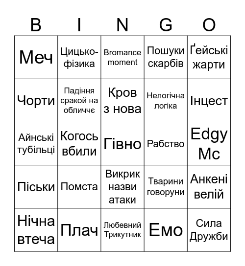 ANIME Bingo Card