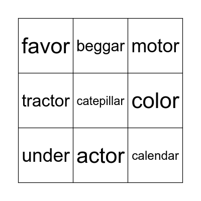 -er, -ar, -or Bingo Card