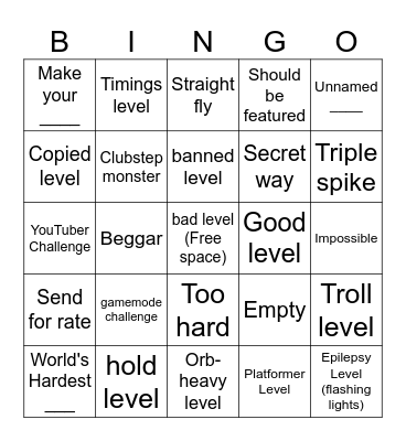 Geometry Dash Recent Tab Bingo Card