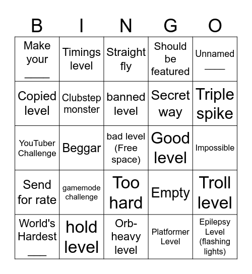 Geometry Dash Recent Tab Bingo Card