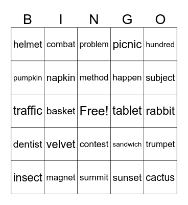 closed syllable words Bingo Card
