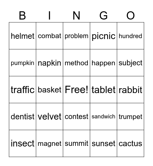 closed syllable words Bingo Card