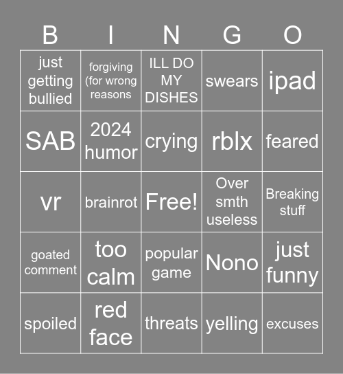 Raging kids bingo Card
