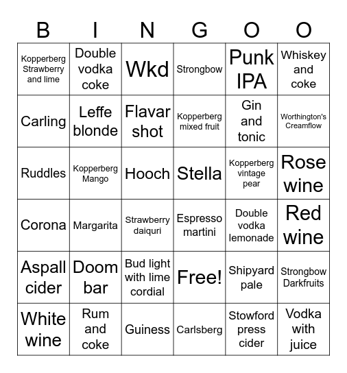 Spoons menu bingo Card