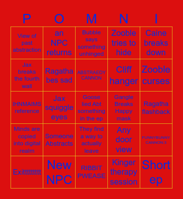 The Amazing Digital Circus 8 Bingo Card