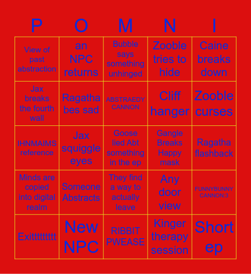 The Amazing Digital Circus 8 Bingo Card