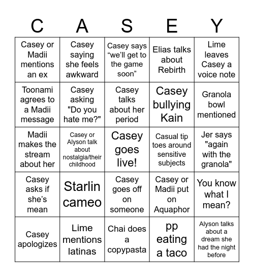 Casey Bingo Card