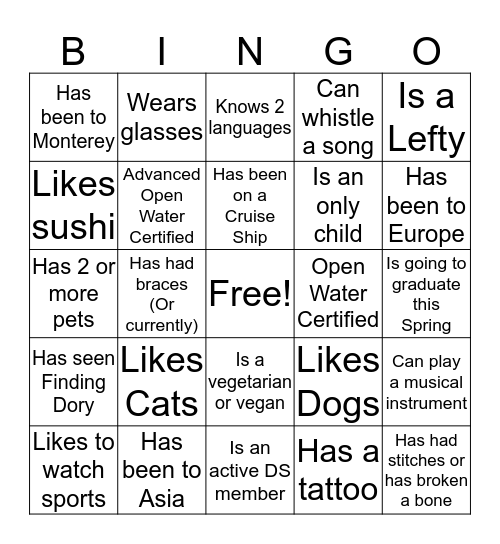 Davis Scuba Bingo Card