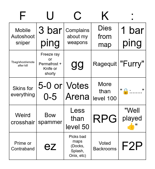 Rivals Bingo Card