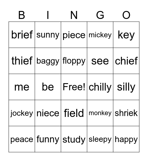 Long e ; ey,y Bingo Card