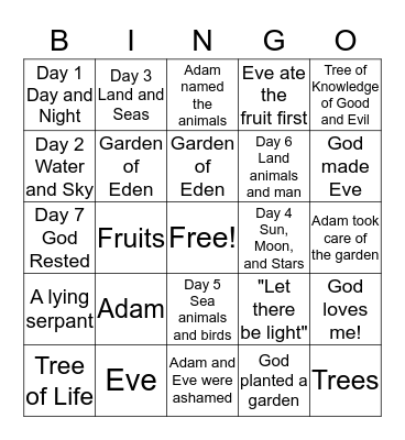 Creation Bingo Card