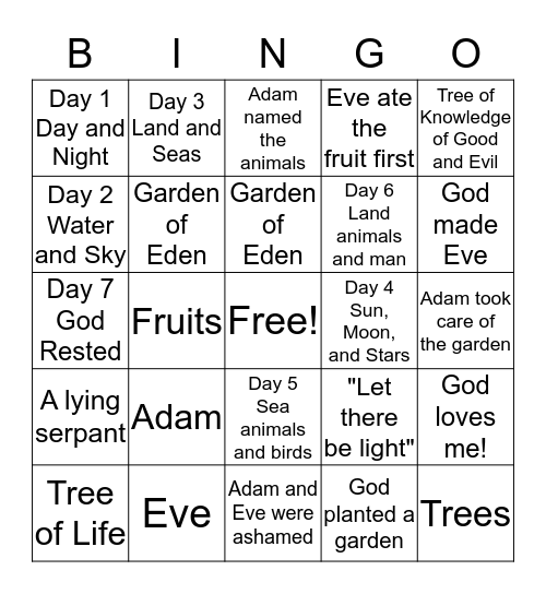 Creation Bingo Card