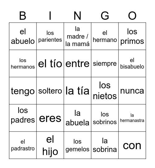 La familia Bingo Card