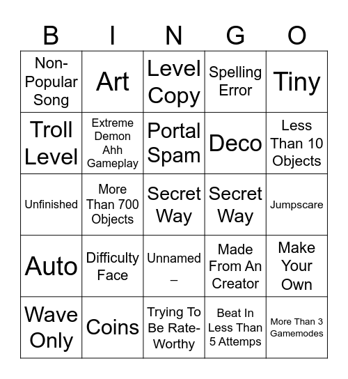 Recent Tab Bingo GD #1 Bingo Card