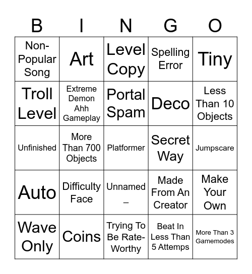 Recent Tab Bingo GD #1 Bingo Card