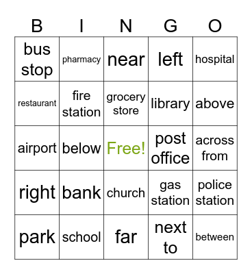 Places & Prepositions Bingo Card