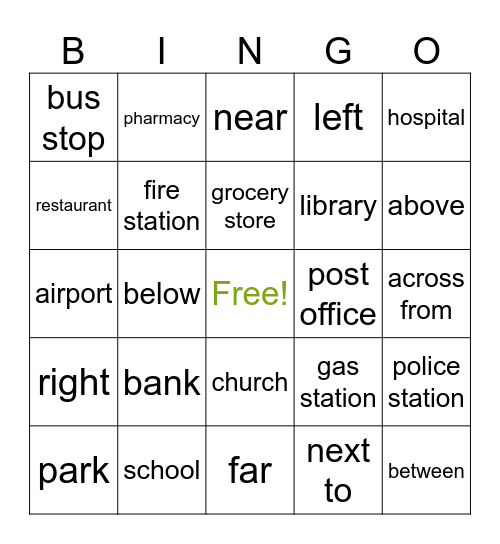 Places & Prepositions Bingo Card