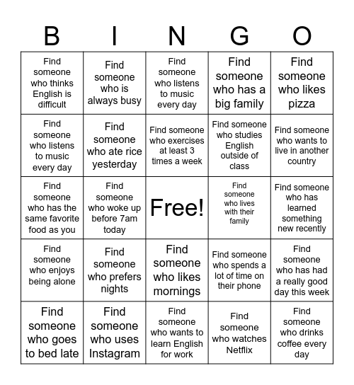 Find Someone Who Bingo Card