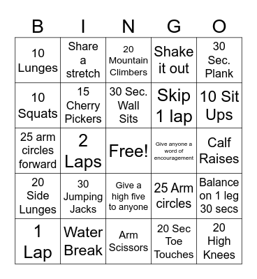 Exercise Bingo Card