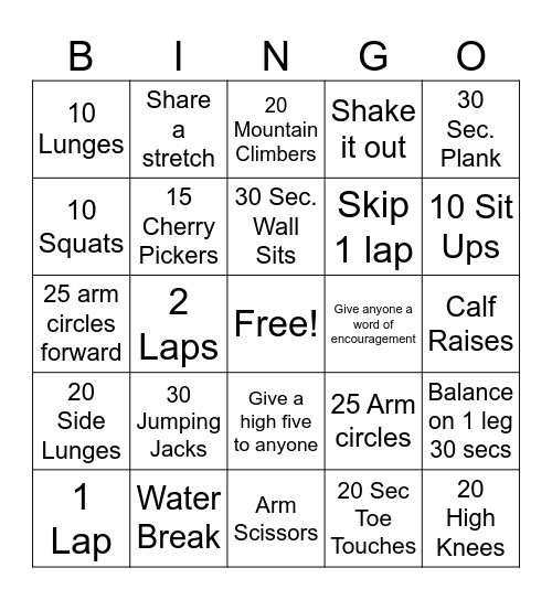 Exercise Bingo Card