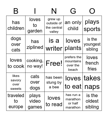 Friendship Bingo Card