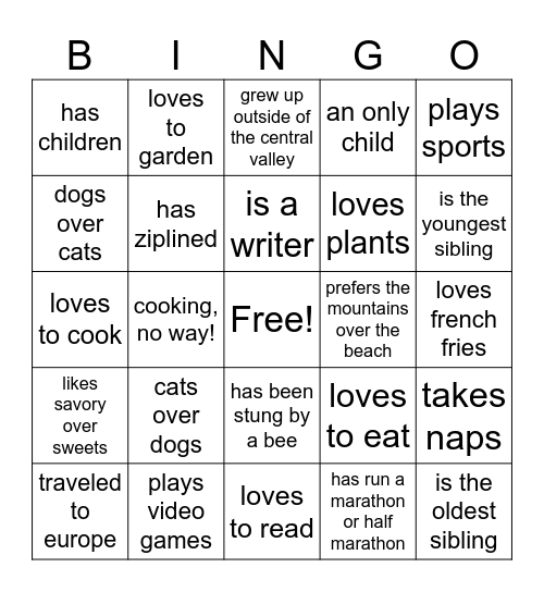 Friendship Bingo Card