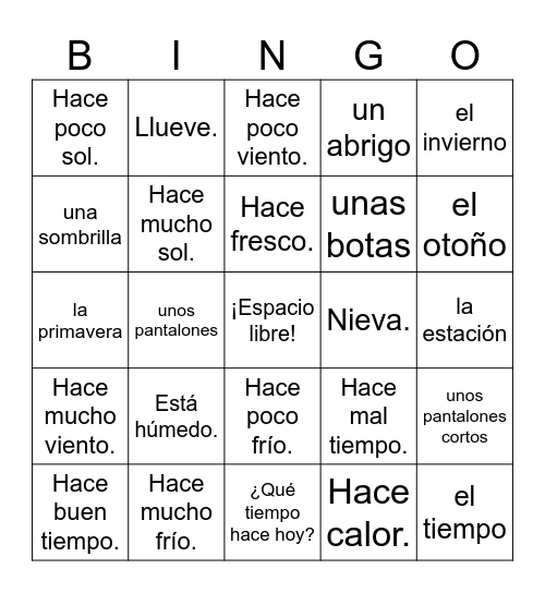 EL TIEMPO y LAS ESTACIONES Bingo Card