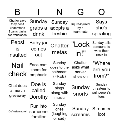 Sunday Bingo Card