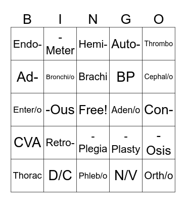 Medical Terminology Project Bingo Card