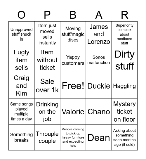 Optimist’s Bazaar Bingo Card