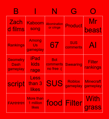 YouTube shorts Bingo Card