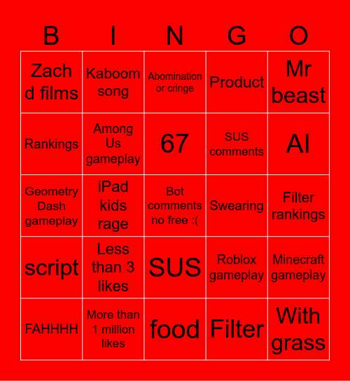 YouTube shorts Bingo Card